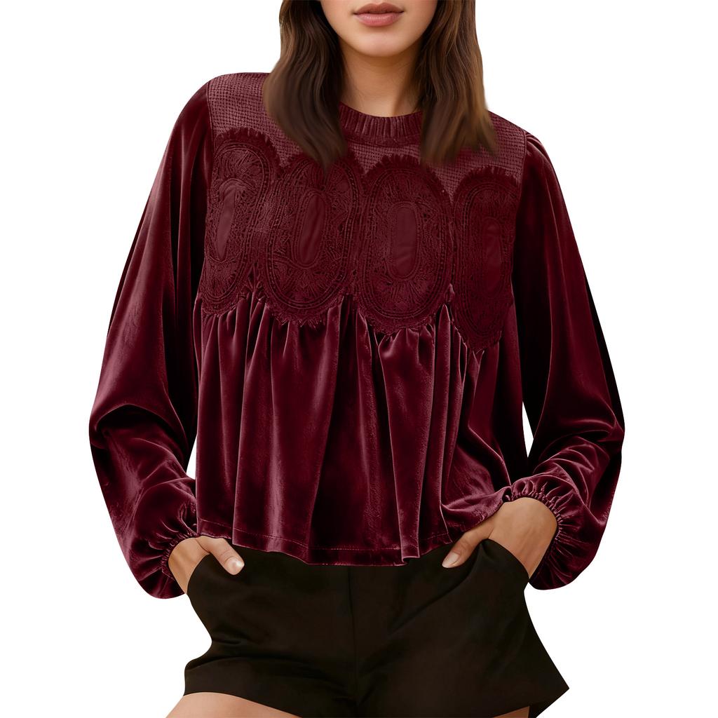 Loose-fitting, Slimming Mid-length Long-sleeved Solid Color Top With Mesh And Velvet Splicing
