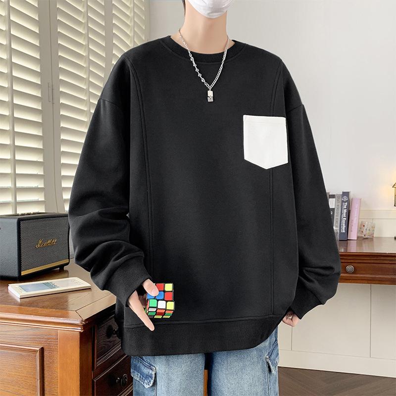 Men's Crew Neck Hoodie Spring Autumn New Trendy Color Block Pocket Casual Versatile Pullover Loose Long Sleeve Top