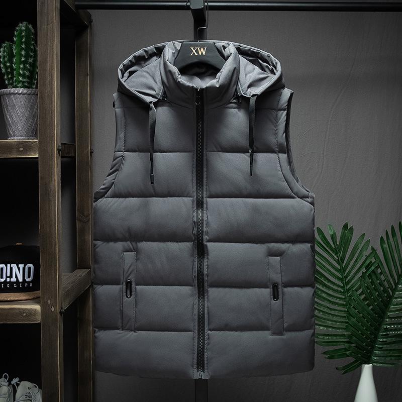 Men's Korean-Style Sleeveless Cotton Vest with Removable Hood, Warm & Trendy for Autumn and Winter.
