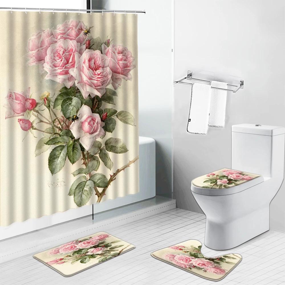 

Pink Flower Plant Shower Curtains Cactus Lavender Floral Scenery For Bathroom Curtain Non-Slip Bath Mat Toilet Cover Set Carpet W60H190(CM)-1 Pcs