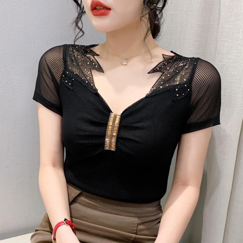 Fashion New Summer Short Sleeve V-Neck Slim Women T-Shirt Women Tops Tees J383