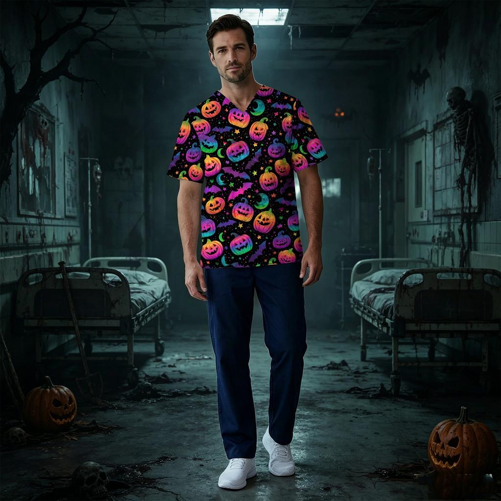 Haut d'uniforme médical pour homme avec imprimé Halloween, col en V, poche poitrine, manches courtes, pour professionnels de la santé