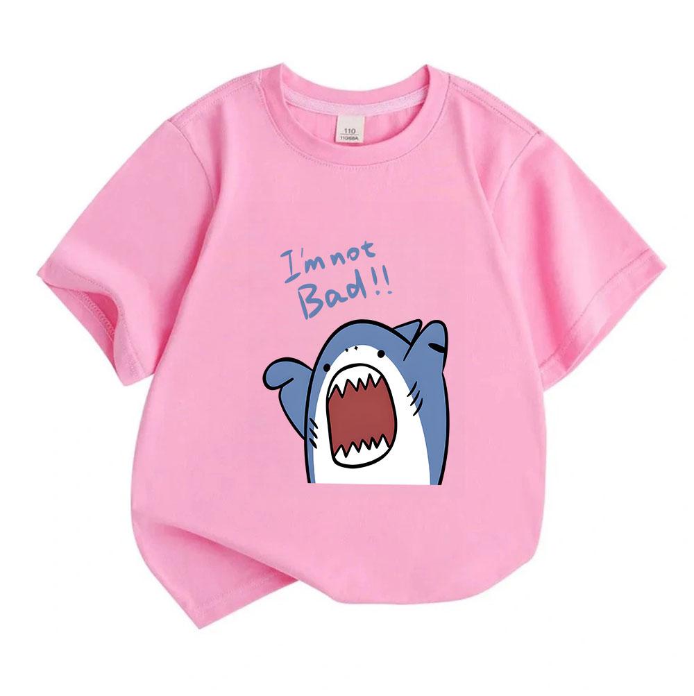 Toddler Kids Boys Girls 100% Cotton Short Sleeve Crew Neck T-Shirt, Cute Cartoon Naughty Shark I'm Not Bad Print Casual Soft Breathable Top for Daily