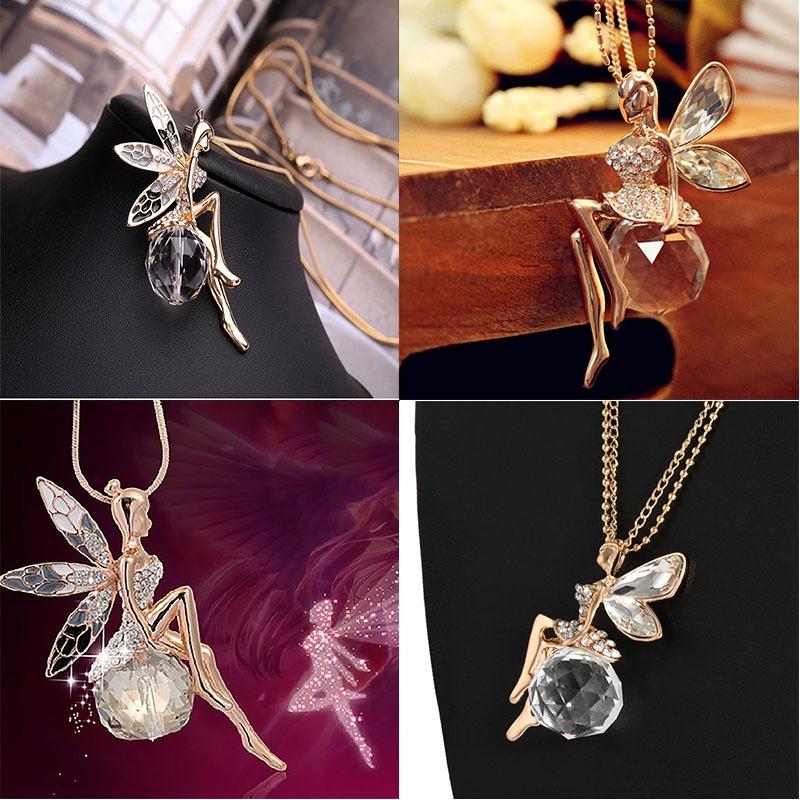 Elegant Fashion Women Crystal Fairy Angel Wing Pendant Long Chain Necklace Gift