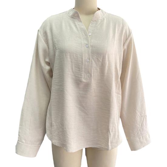 Women Shirt V-Neck Buttons Half Placket Long Sleeve Pullover Tops Solid Color Loose Fit Pleated Tops Casual Tee Daily Wear