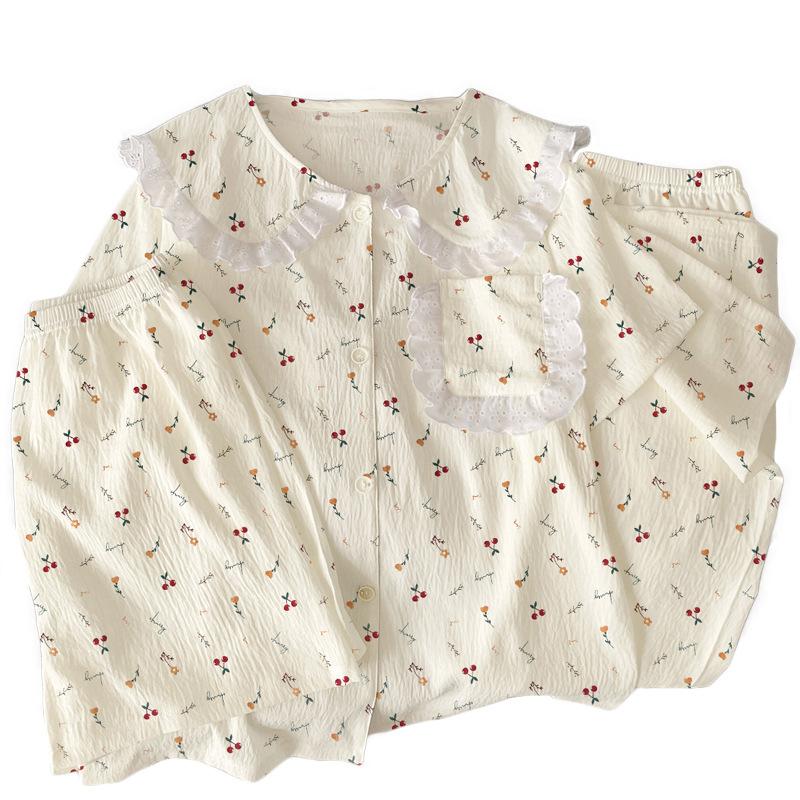 Little Cherry Premium Cloud Cotton Pajamas Women'S Summer Doll Collar Lace Loungewear Three-Piece Set