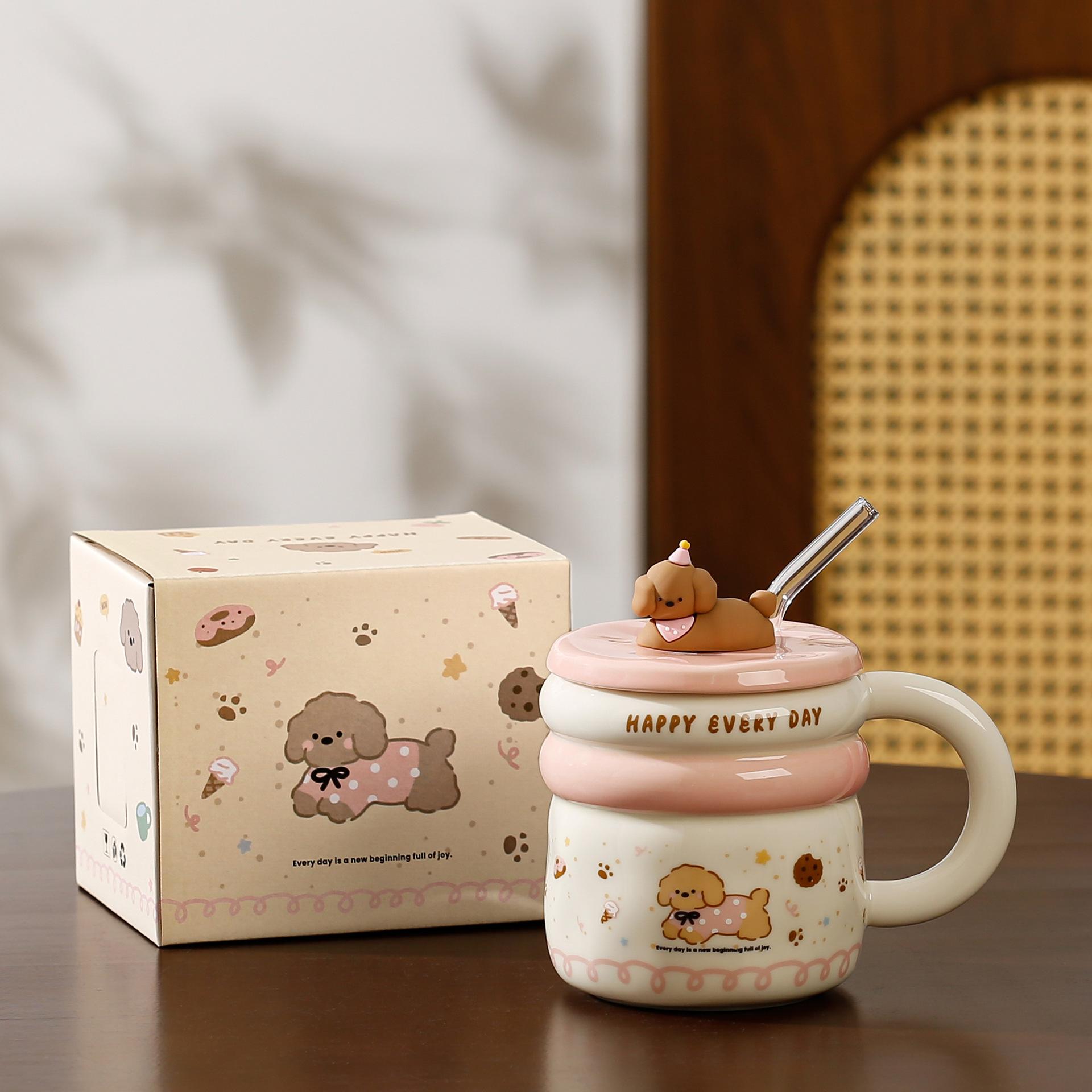 Puppy Mug with Lid Cute Straw Cup High Value Large Capacity Water Cup Set Dustproof Gift Cup ≈450ml