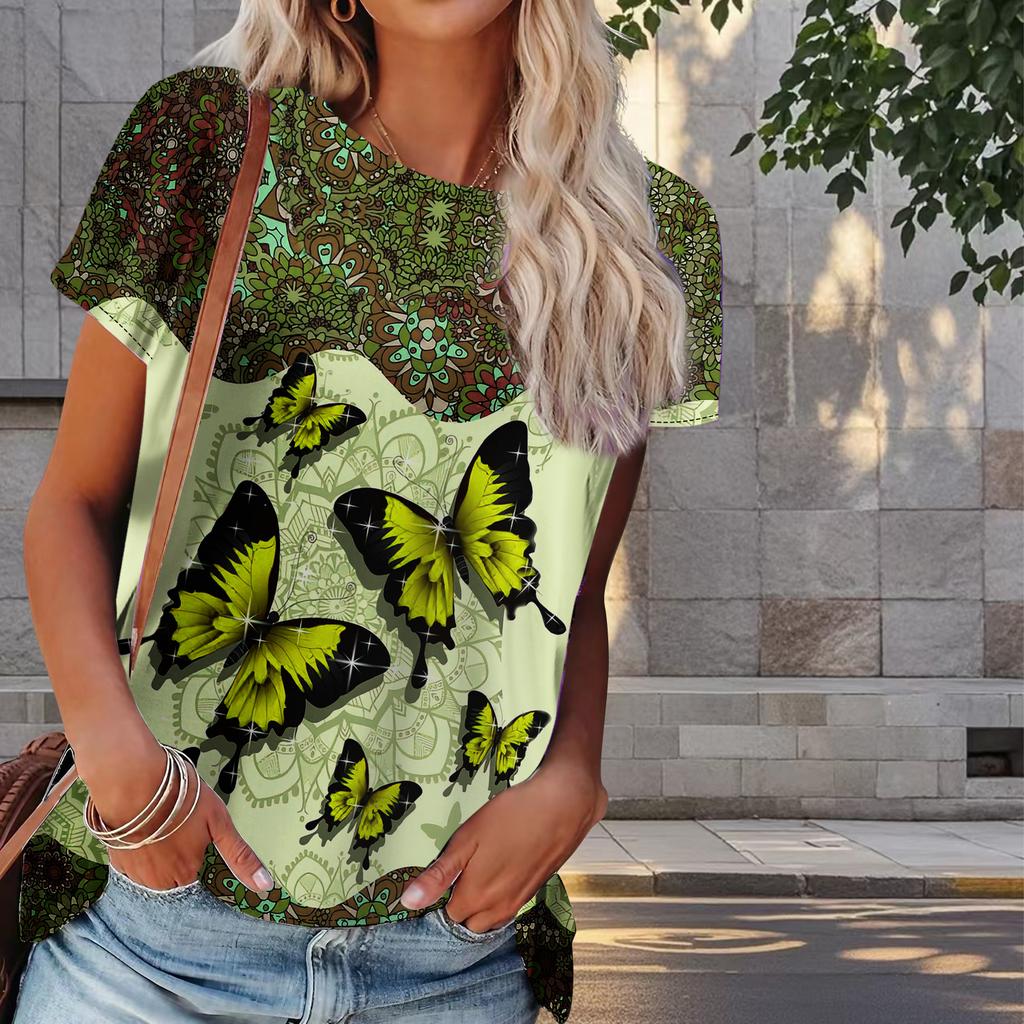 Damen Sommer T-Shirt Schmetterlingsdruck Retro Mode Kurzarm Tees Lässig Bedruckte Oberteile