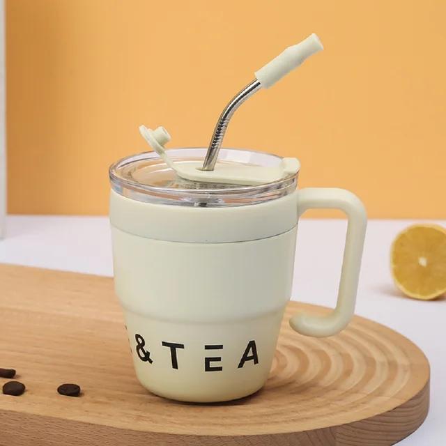 Straw Covered Coffee Cup 480ml Stainless Steel Insulated Cup Hot Beverage Cup Milk Cup Afternoon Tea Cup Office Portable Bottle