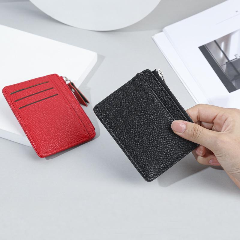 Zipper Women's Card Holder - Compact Multi-Card Slot Lychee Pattern Coin Purse, Ultra-Thin Wallet Korean Style.