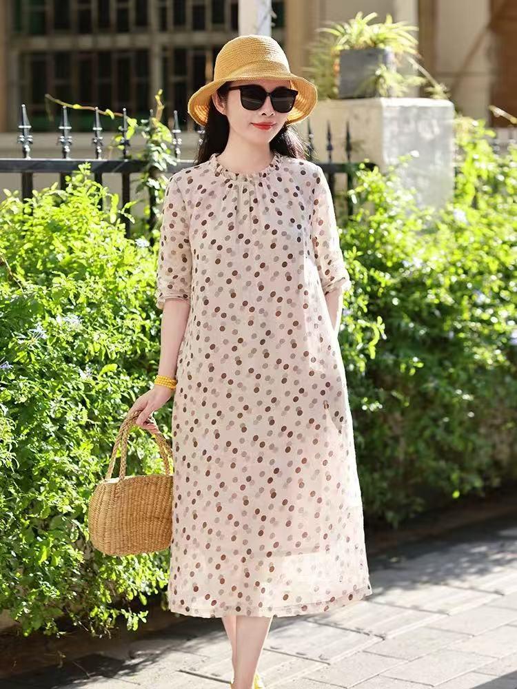 

Летнее новое платье в горошек из хлопка и льна, темпераментное женское платье свободного и тонкого кружевного воротника с короткими рукавами, средней и длинной длины 2XL