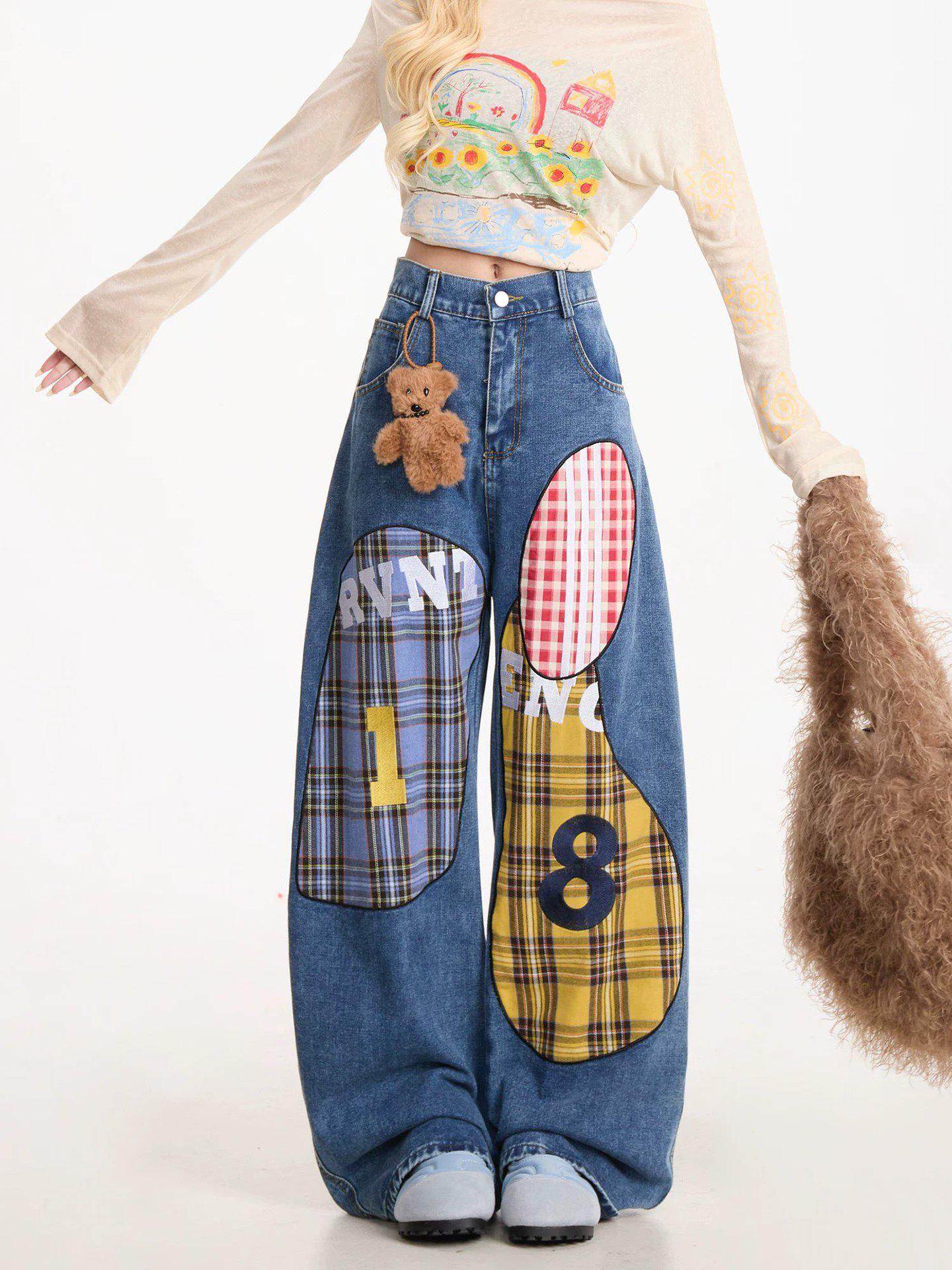 Women s Retro Plaid Patchwork Embroidered Wide-Leg Denim Pants M