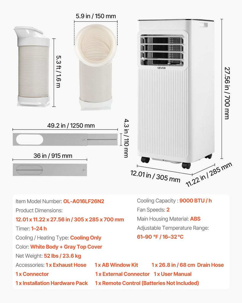 Portable Air Conditioner, 9000 BTU 2.6kW 3-in-1 Standing Cooling Ac Unit, LED Touch Panel & Remote Control, 24h Timer, Cooling/Dehumidifier/Fan Mode
