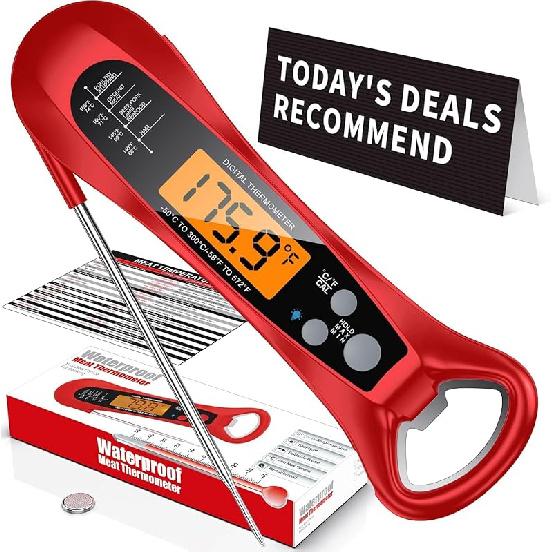 

Meat Thermometer Digital, 1 Sec Instant Read, NIST Certified Accurate to ±0.5℉, Ultra Bright LED Screen, 100% Waterproof, Auto-Rotate, червоний