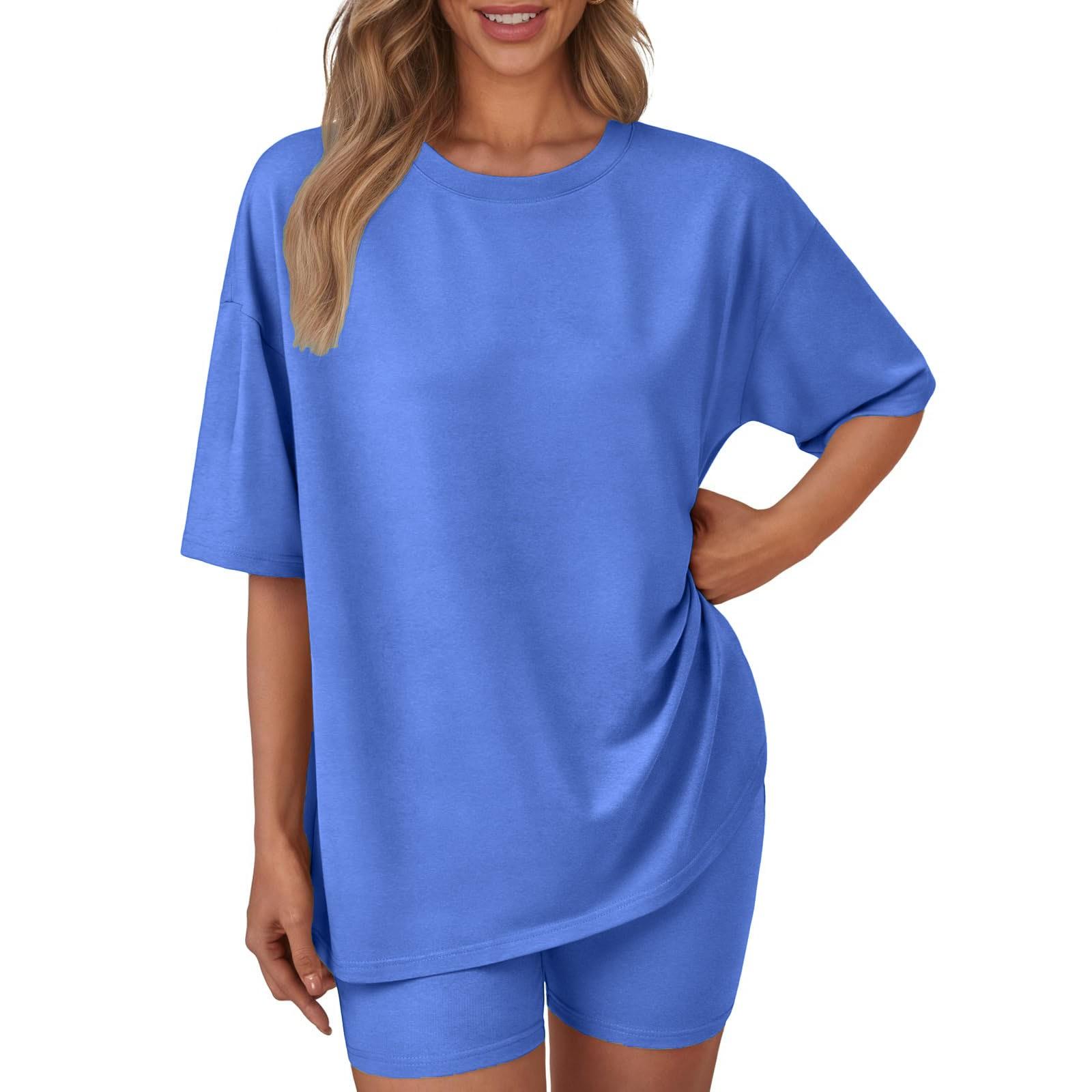 

Женский свободный модный однотонный топ с круглым вырезом и короткими рукавами, шорты, комплект из двух предметов XXL синий
