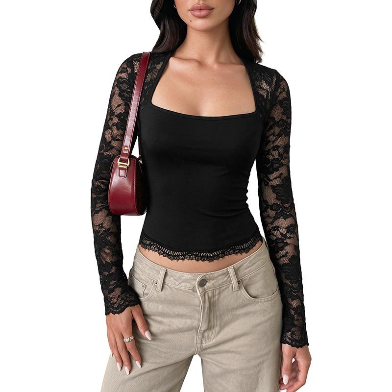 New Pure Erotic Style Lace Square-neck Long-sleeved Short-sleeved Top for Women