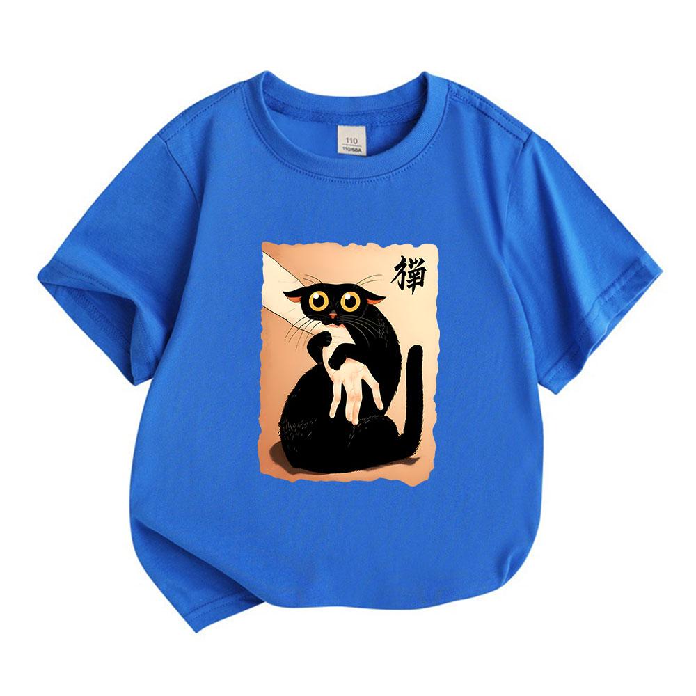 Kids Boys Girls 100% Cotton Crew Neck Short Sleeve T-Shirt, Cute Black Cat Holding Hand Cartoon Print Casual Soft Breathable Tees for Daily Wear