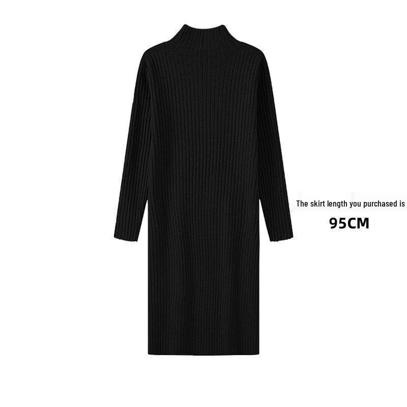 Women's Mid-Length Wool Knit Dress - Loose, Long Sleeve, Half-High Collar, Perfect for Layering Under Coats, Autumn & Winter Wear.