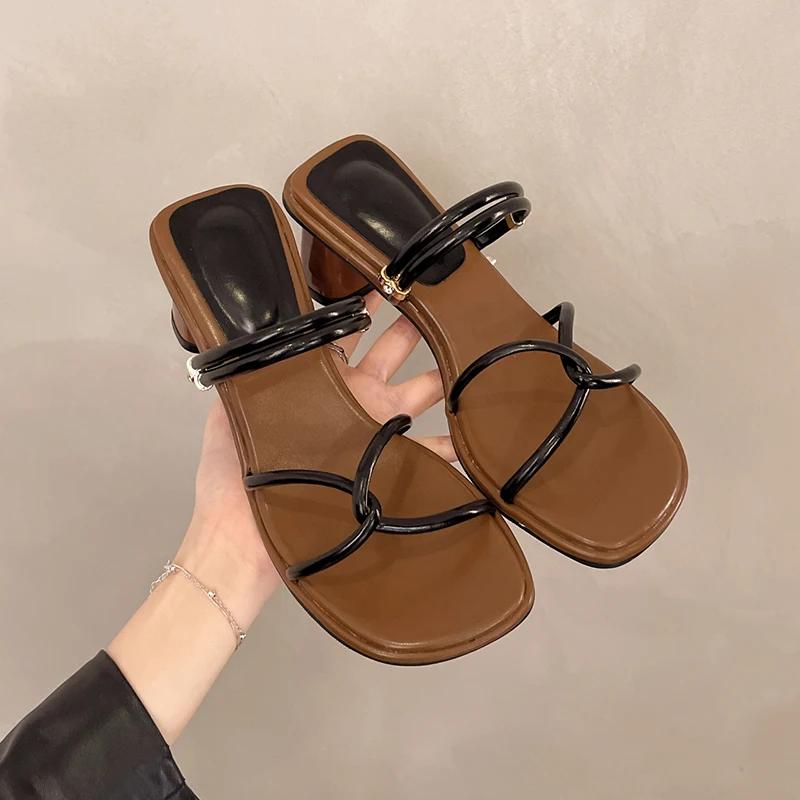 

2026 New Summer Concise Narrow Band Women Slippers Fashion Thick Heels Party Pumps Mules Slide Shoes 35 чёрный