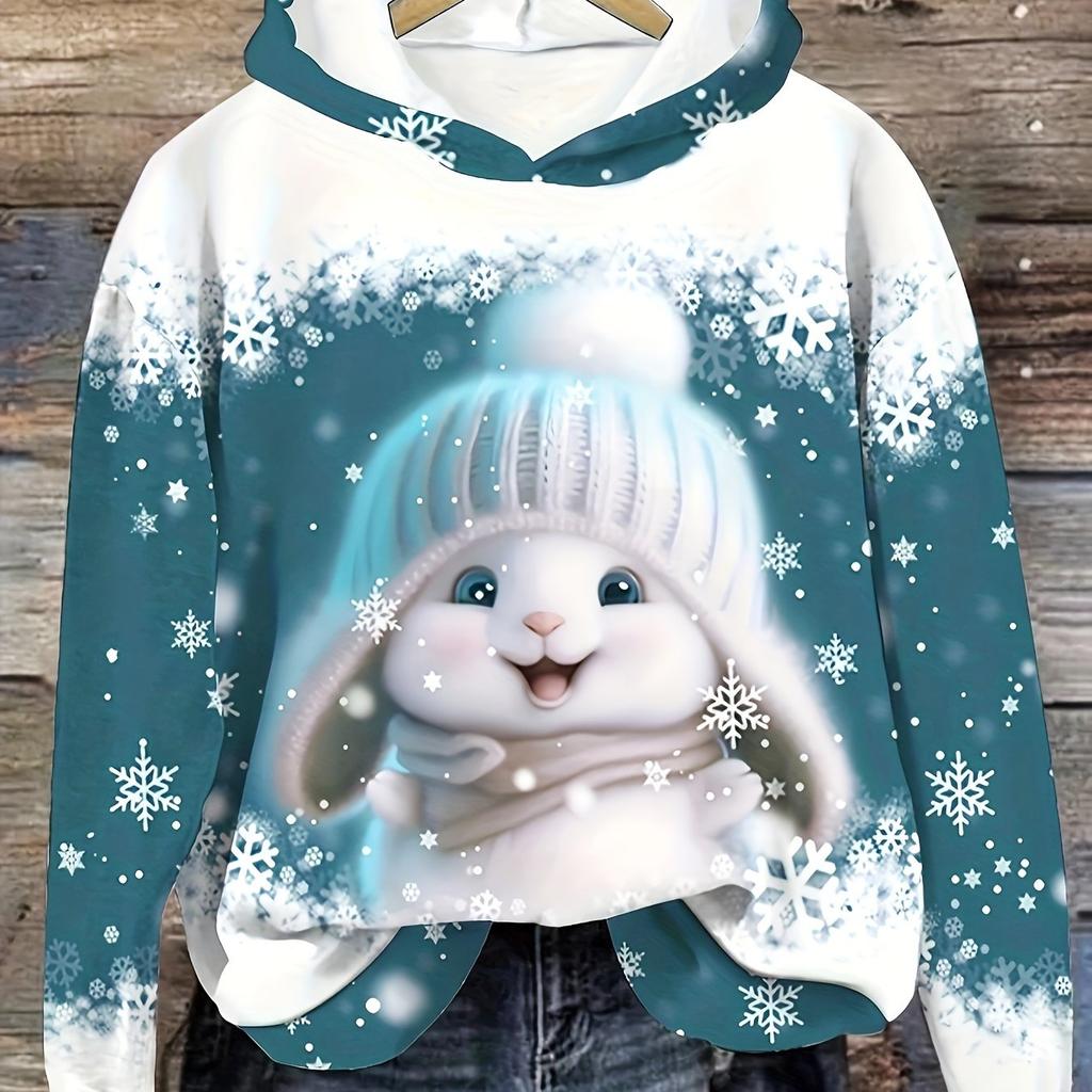 Ladies' Christmas Dwarf Print Hoodie - Casual Pullover Hoodie, Long Sleeve, 100% Polyester Knitted Fabric