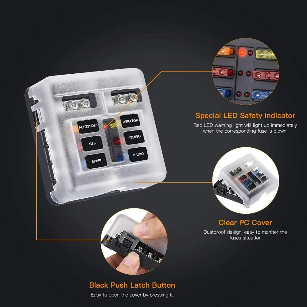 12V 6-Way Blade Fuse Block with  LED Indicator Waterproof Protection Cover and Label Sticker for Automotive Car Truck Trailer