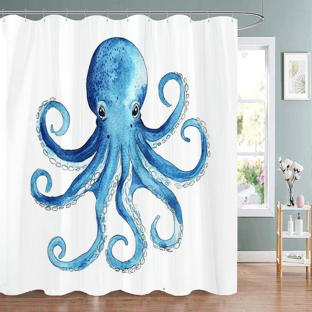 1Pc Octopus Shower Curtain Beach Blue Octopus Design Bathroom Decorative Printed Polyester Bath Curtain With Hooks