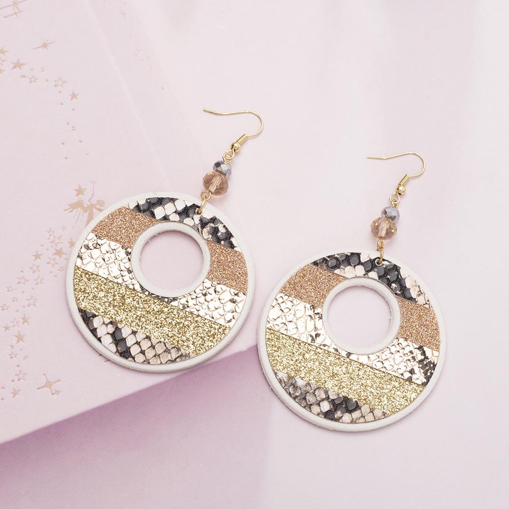 Women's Snakeskin Pattern Color Block Leather Earrings with Exaggerated Design and Round Hollow Water Drop Style
