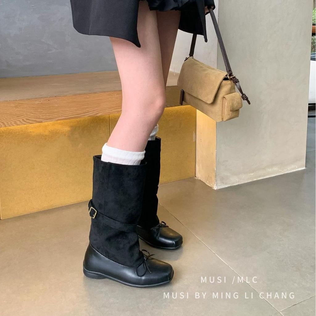 2025 autumn and winter new square head splicing thin boots belt buckle thick heel thick sole but knee thin women's boots