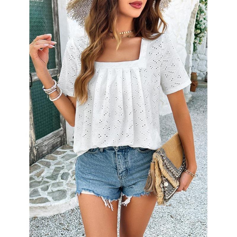 Ladies Temperament Casual Solid Color Square Neck Hollow Short Sleeved T-shirt Top