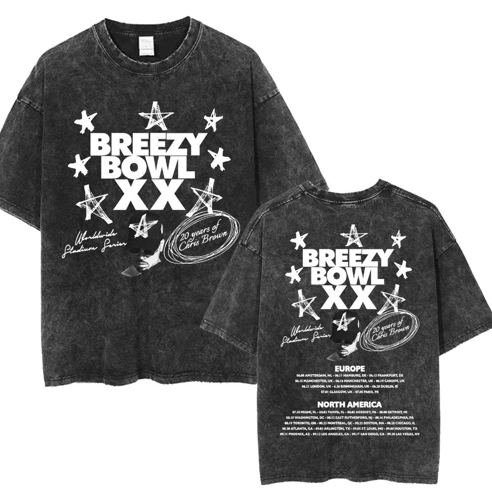 Chris Brown Breezy Bowl XX Concert Tour Washed T Shirts Vintage Hip Hop Gothic T Shirt Mens Oversized Cotton Tshirt Streetwear