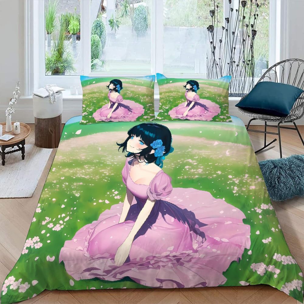 3D Japanese Anime Duvet Cover, Girls Microfiber Quilt Cover with Zipper Closure Bedroom Decor with Pillowcases For Kids Aldults