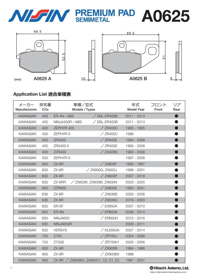Nissin Brand Brake Pad BRAKE PAD Premium Pad Semi-Metal Part Number A0625 1SET 2 Wheels Motorcycle