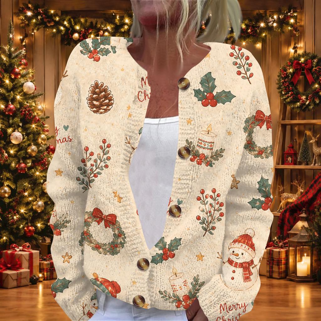 Women's Christmas Print Long Sleeve Knit Cardigan with Buttons for Holiday