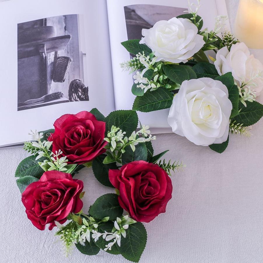 Flower Wreath for Table Small Candle Rings for Wedding Party Christmas Decor Rose Wreaths for Valentine's Day Spring Summer