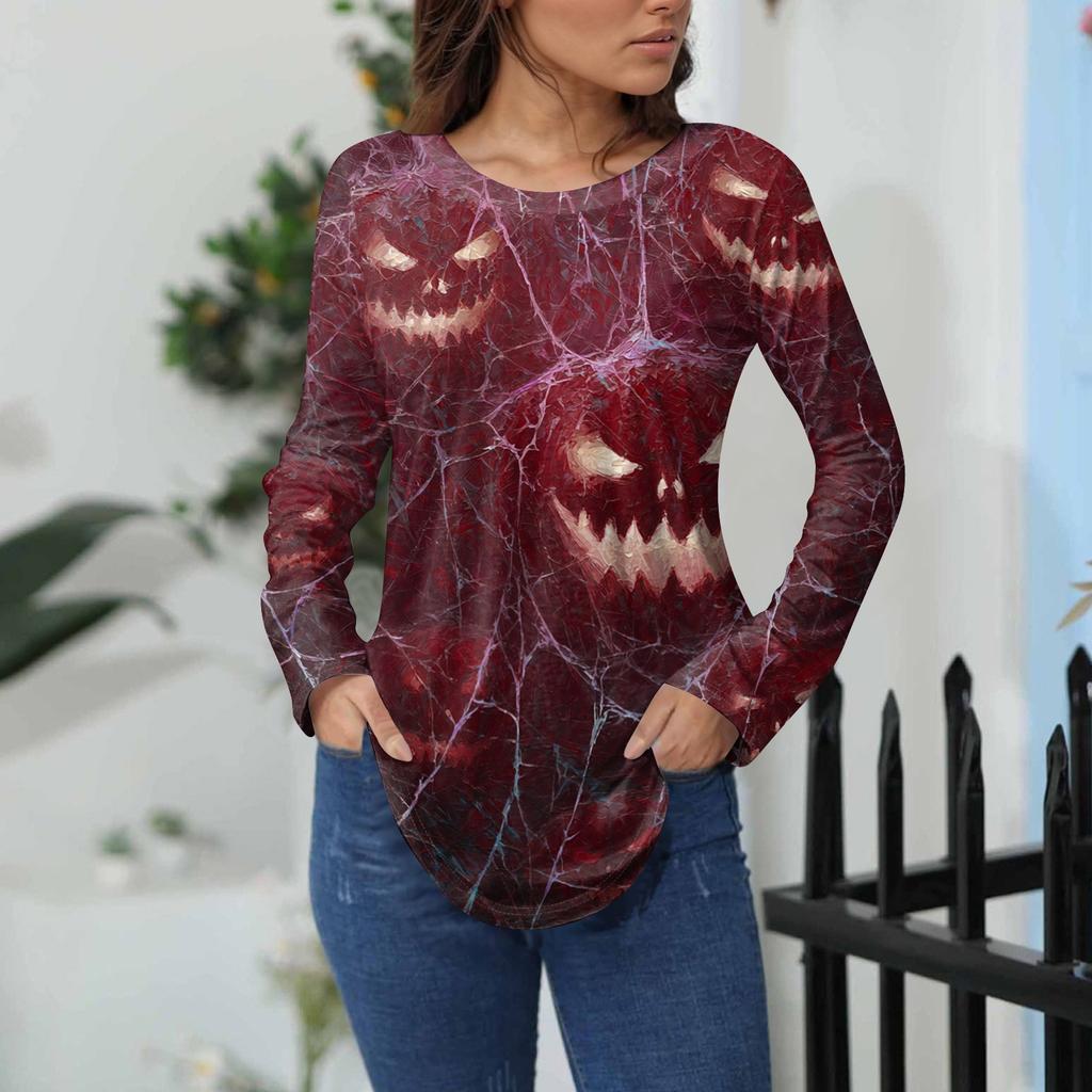 Women's Loose Fit Long Sleeve T-Shirt with Retro Halloween Print, Neck Pullover Top