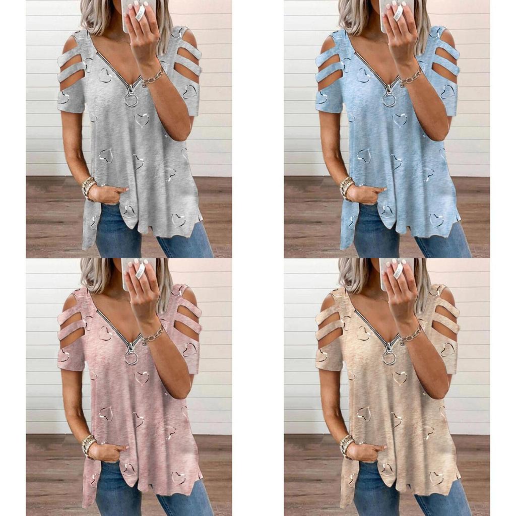 Short Sleeve T Shirt With Zipper Print Cotton Blend For Casual Streetwear