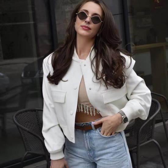 Fall Jackets for Women Oversized Lightweight Cropped Jacket Casual Button Down Stand Collar Short Coat with Pockets