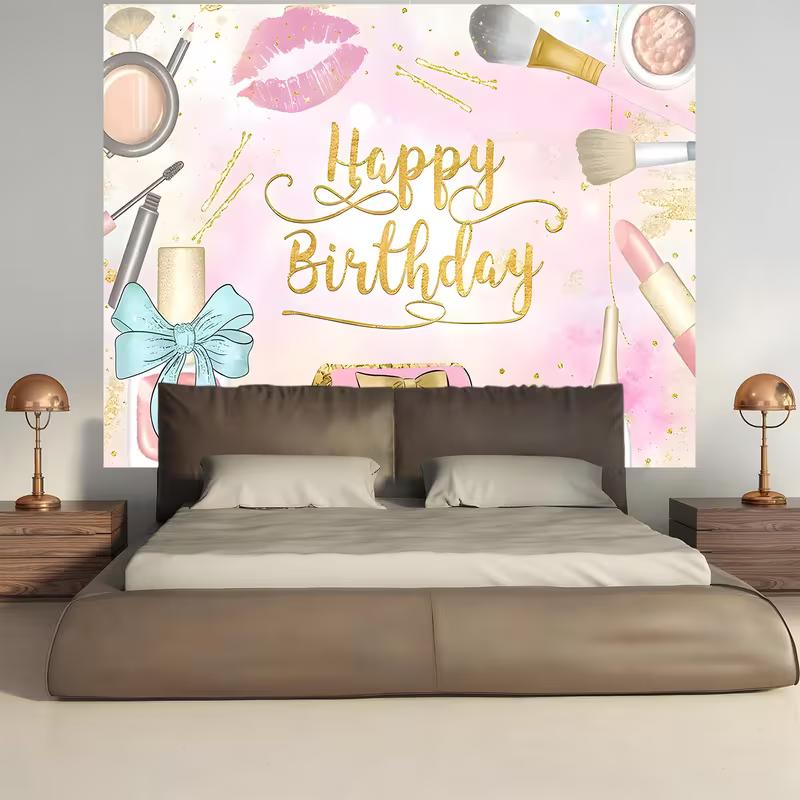 2D Spa Themed Birthday Backdrop, Pink Cosmetics Makeup Party Photo Booth Banner 47.2x31.5inch/120*80cm