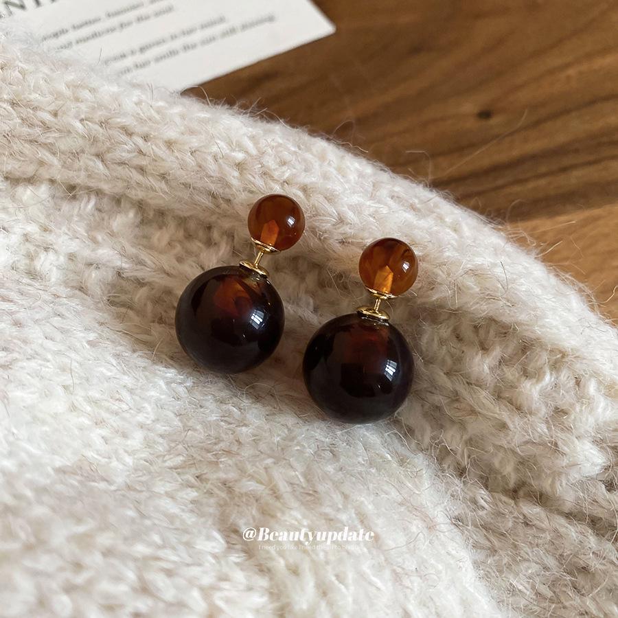 18K Gold Plated Silver Resin Two-Way Stud Earrings - Melaard Retro Minimalist High-End Autumn/Winter Style for Women.