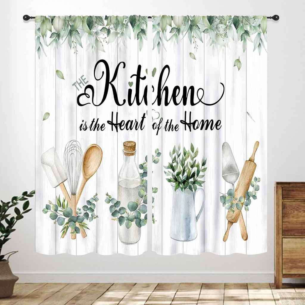 Rustic Kitchen Curtains,Retro Fork Spoon Wooden Plank Farmhouse Country Cooking Theme Funny Quotes Window Treatment for Bedroom