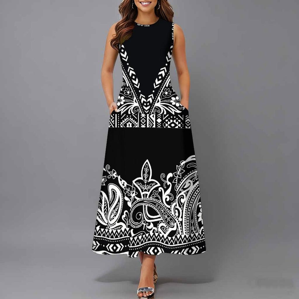 Oversized Women Sleeveless Round Neck Dress Elegant Mixed Floral Print Flowy Mid Length Dress