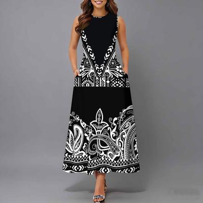 Oversized Women Sleeveless Round Neck Dress Elegant Mixed Floral Print Flowy Mid Length Dress