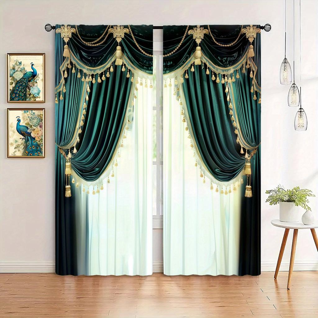 2pcs Green European Style Windows Curtain for Home Decor - Rod Pocket Window Treatment for Bedroom, Office, Kitchen, Living Room