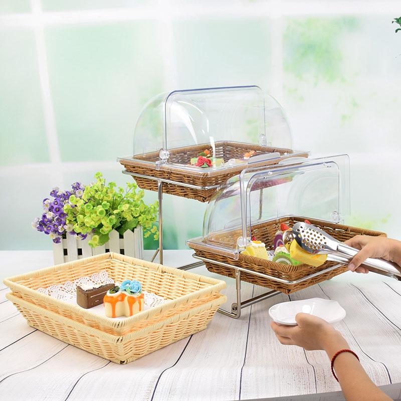 Double-Layer Rattan Bread Basket with Lid - Dessert Display Stand & Pastry Rack for Egg Tarts & Fruits