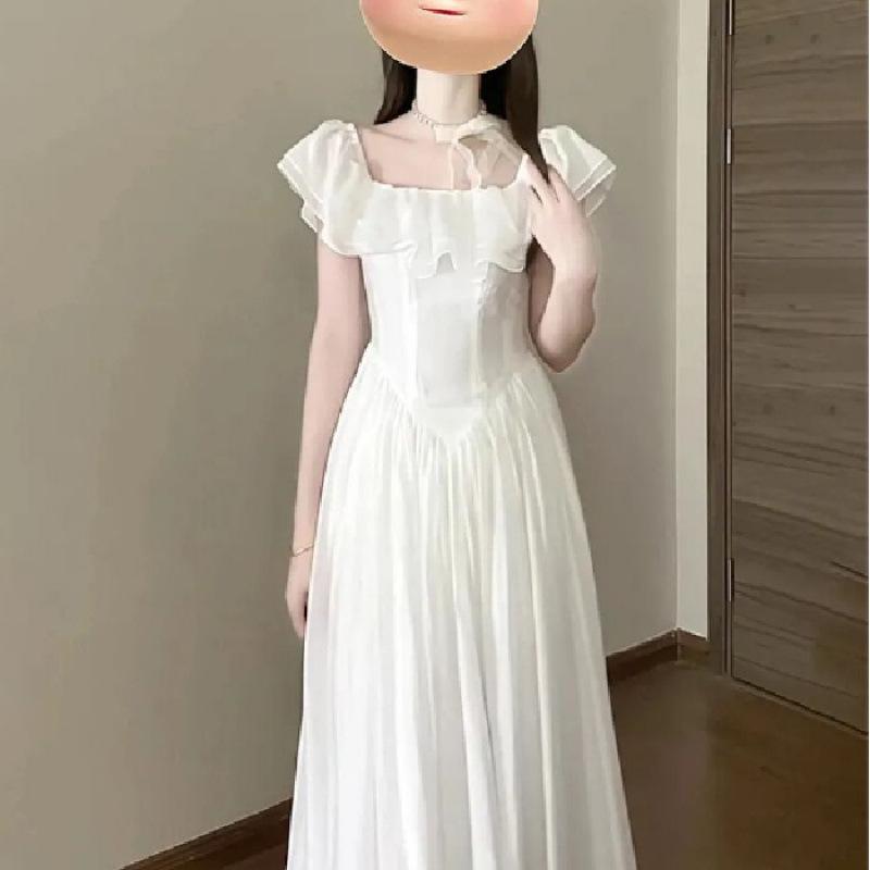 Elegant White French Ruffle One-Shoulder Slim-Fit Dress Small