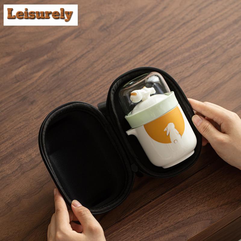 Creative Rabbit Flying Moon Poratble Travel Tea Set Kit Aesthetic 1 Pot 3 Cups Tea Maker Outdoor Handbag Accessories Ornaments