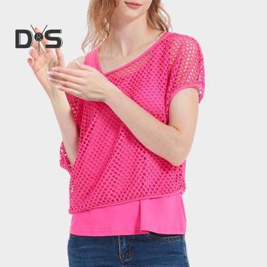 2 stuks/set dames mesh top vest set felle kleur o hals korte mouwen mesh cropped tops racerback pullover vest set