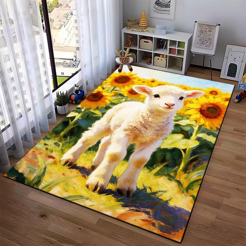 Cute Lamb and Sunflowers Artistic Print Carpet for Living Room Decor Suitable for use as an anti-slip for living room bedroom sofas