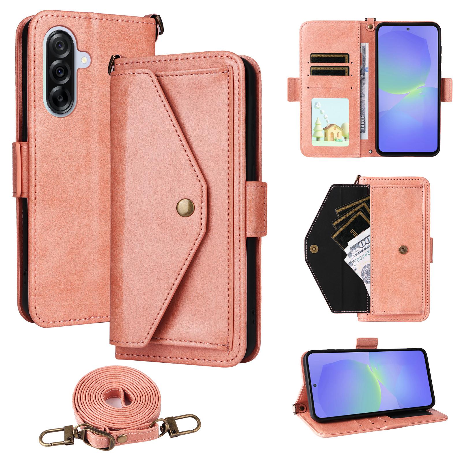 

For Samsung Galaxy S24 FE Leather Case Magnetic Closure Wallet Stand Phone Cover with Crossbody Strap Pink