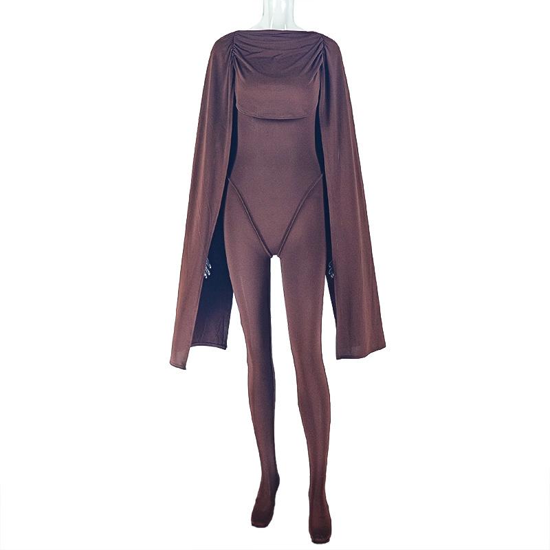 Women Solid Off Shoulder Draped Ruched Cape Sleeve Jumpsuit Mid Waist Skinny Long Jumpsuit Summer Club Party Bodysuit Jumpsuit